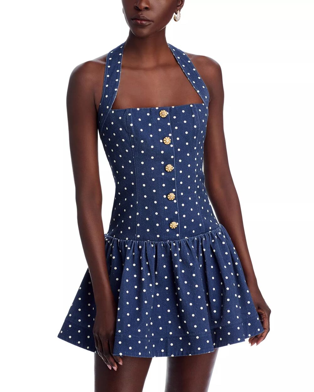 Cara Cara Women Navy Polka Dot Cotton Denim Felicity Halter Mini Dress Size XL